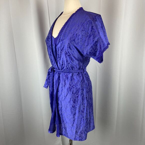Vintage Lingerie Set Size Medium Purple Satin Robe Slip Nightgown Peignoir 80s - Picture 9 of 16
